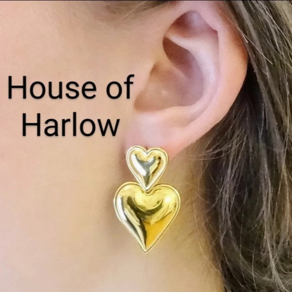 HOUSE OF HARLOW 1960 Valentine 14k Gold-Plated Double Hearts Dangle Earrings NWT - Picture 2 of 3